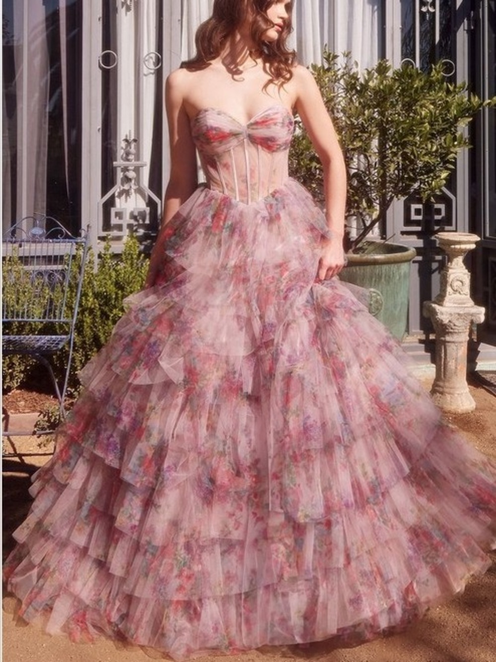 Romantic Strapless Floral Tulle Gown in Blush Pink